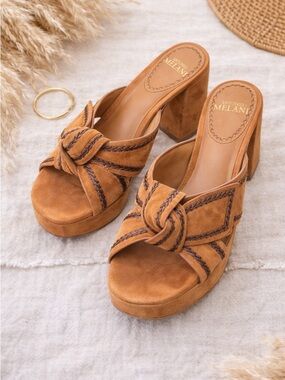 Antonio Melani Suede Block Heel Mules 6.5 Brown Slip On Heels Chic Minimal